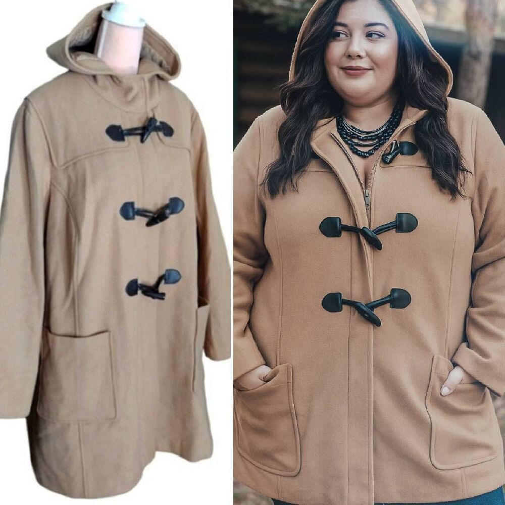 VTG Beige Wool‎ Blended Hooded Lined Toggle Duffle Coat Plussize 24W